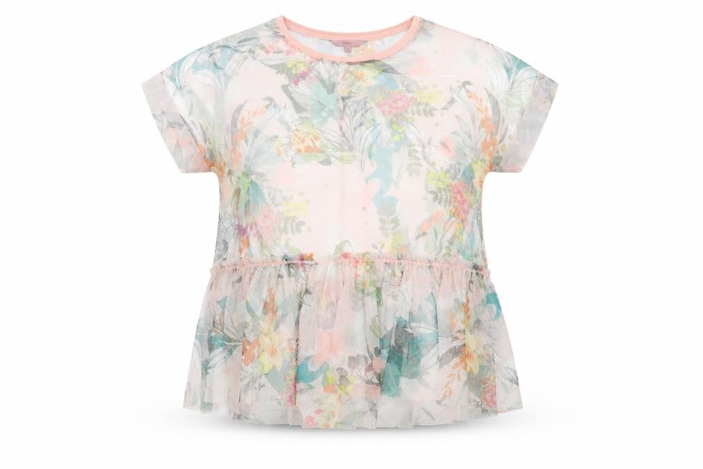 Front view of Next women’s multicoloured floral polyester basic t-shirt, size UK 12, round neck