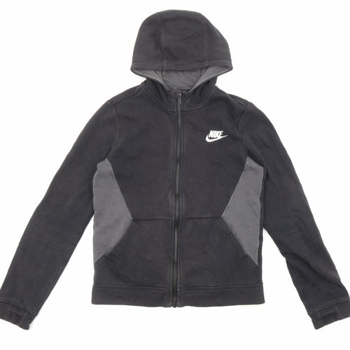 Nike Boys Black Cotton Full Zip Hoodie Size 12-13 Years Zip - Embroidered Logo, Pockets
