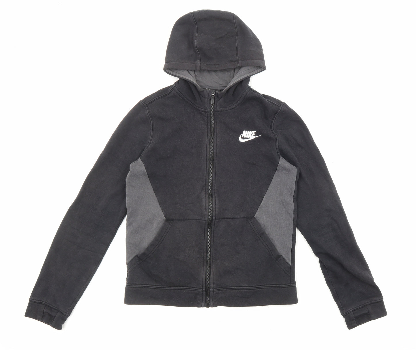 Nike Boys Black Cotton Full Zip Hoodie Size 12-13 Years Zip - Embroidered Logo, Pockets