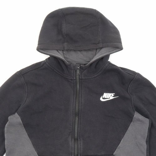 Nike Boys Black Cotton Full Zip Hoodie Size 12-13 Years Zip - Embroidered Logo, Pockets