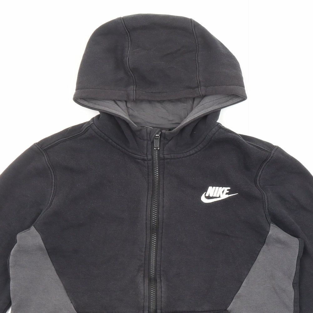 Nike Boys Black Cotton Full Zip Hoodie Size 12-13 Years Zip - Embroidered Logo, Pockets
