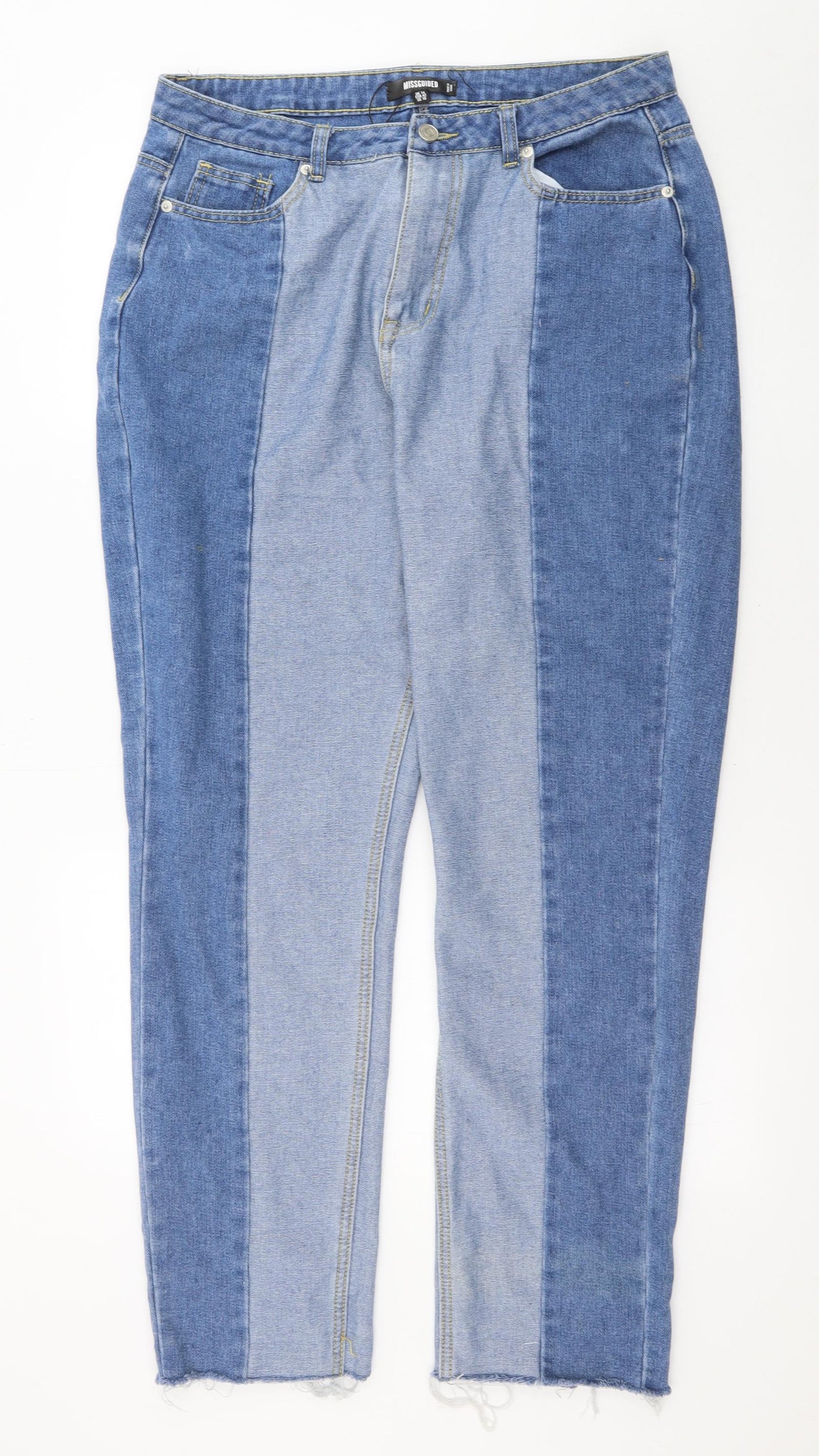 Missguided Womens Blue Cotton Straight Jeans Size 14 L29 in Regular Zip - Raw Hems