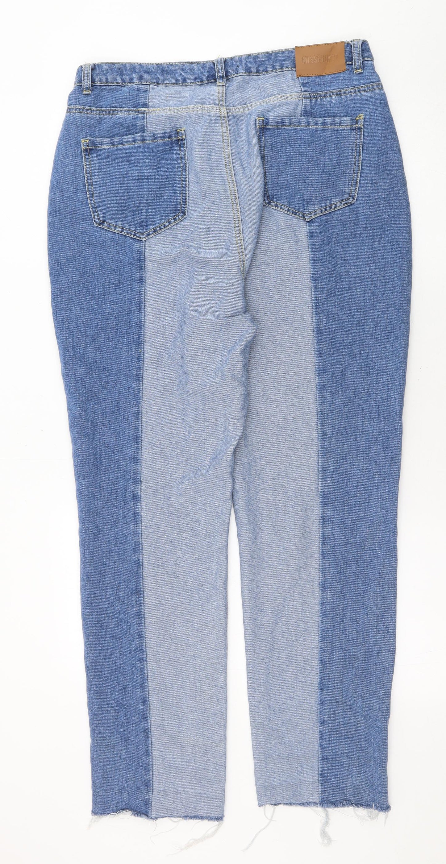 Missguided Womens Blue Cotton Straight Jeans Size 14 L29 in Regular Zip - Raw Hems