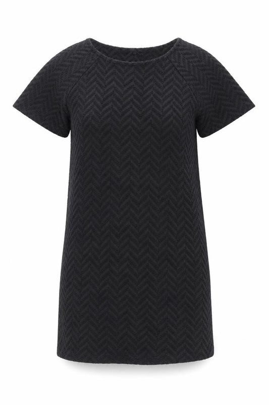 Front view of Next women’s black geometric polyester t-shirt dress, size UK 14, round neck pullover
