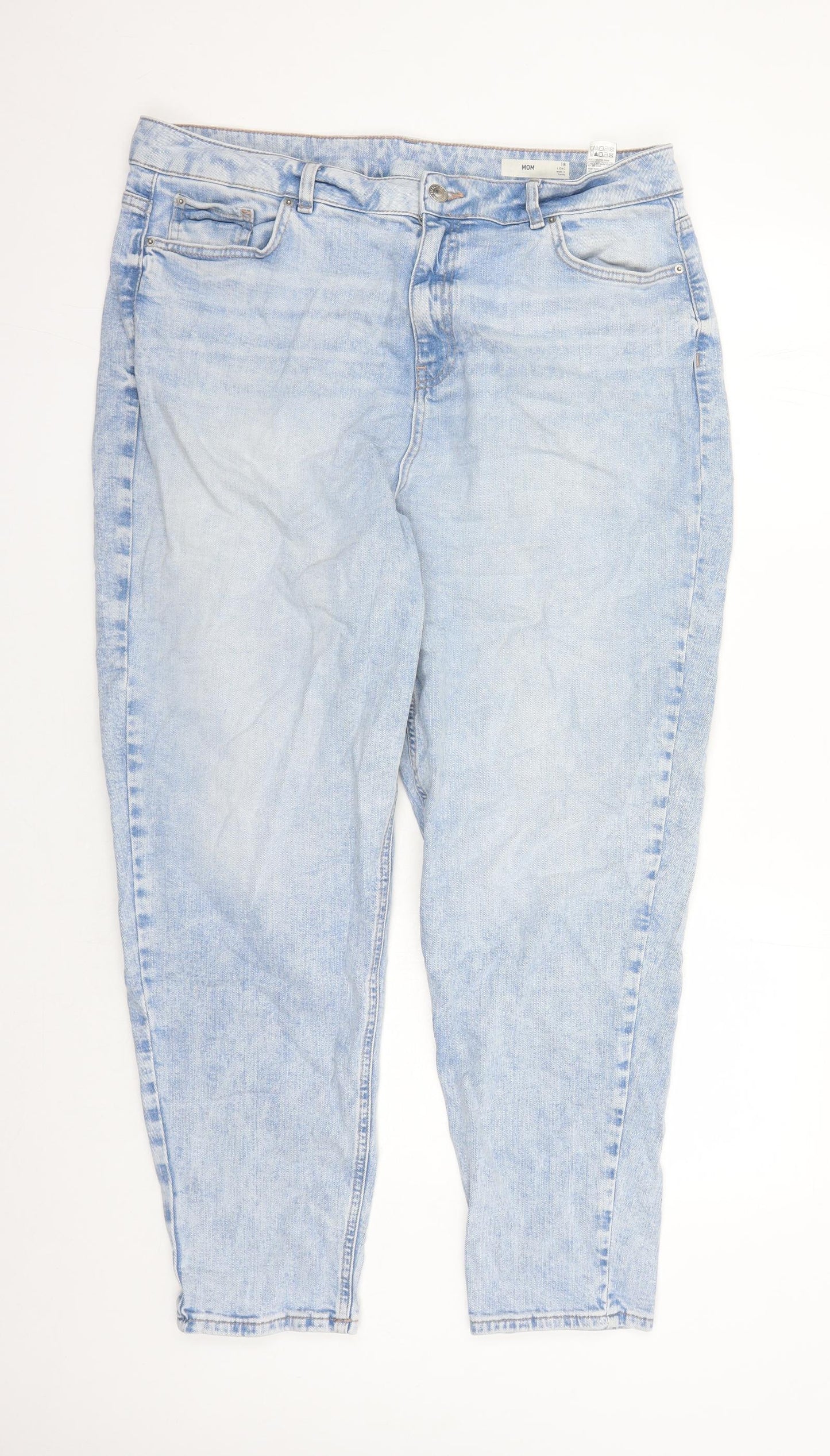 Marks and Spencer Womens Blue Cotton Mom Jeans Size 18 L28 in Regular Zip