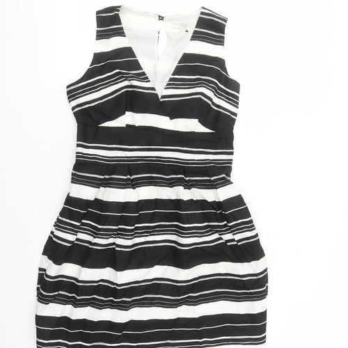 Tweeds Womens Black Striped Linen A-Line Size 12 V-Neck Button - Lined
