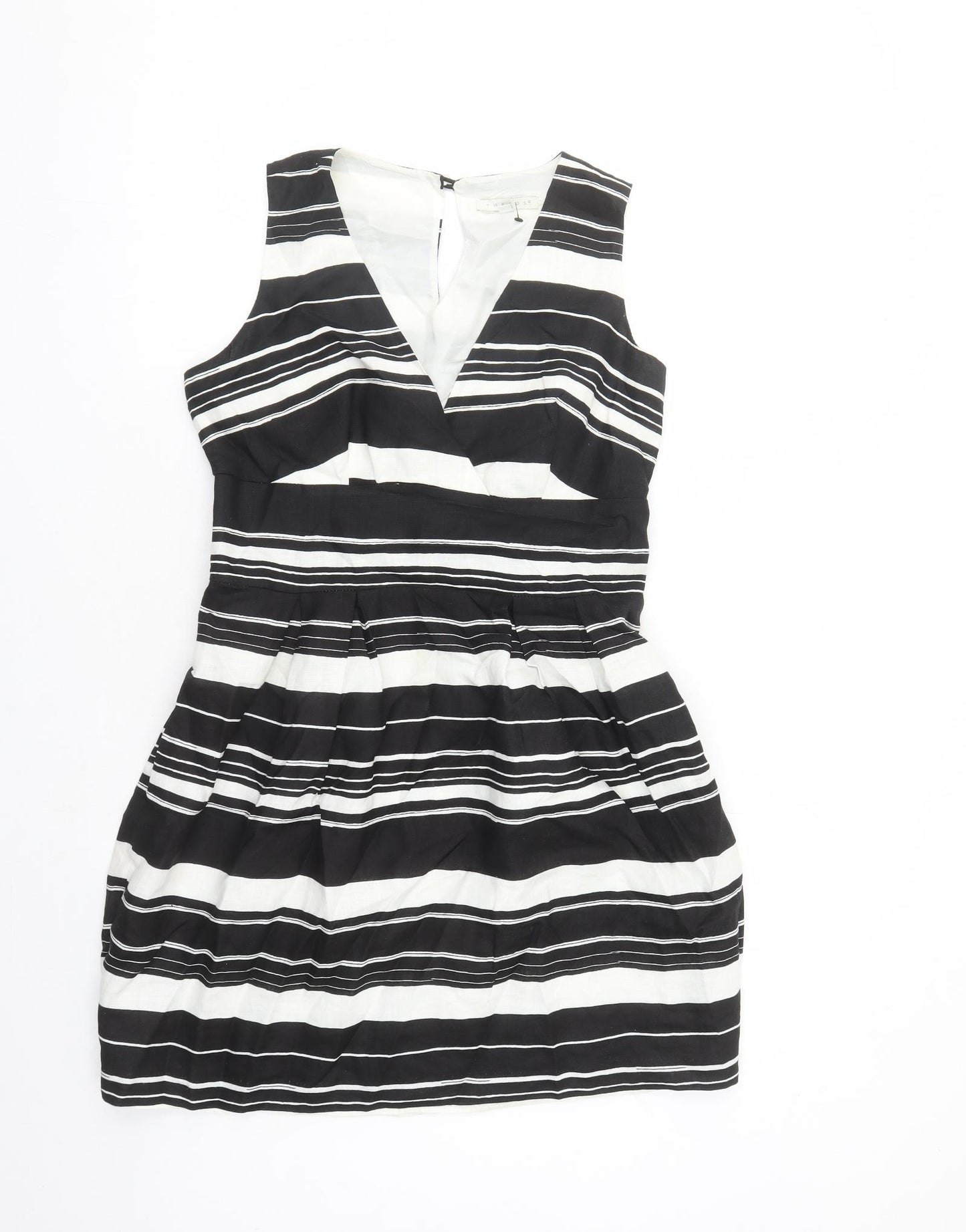 Tweeds Womens Black Striped Linen A-Line Size 12 V-Neck Button - Lined