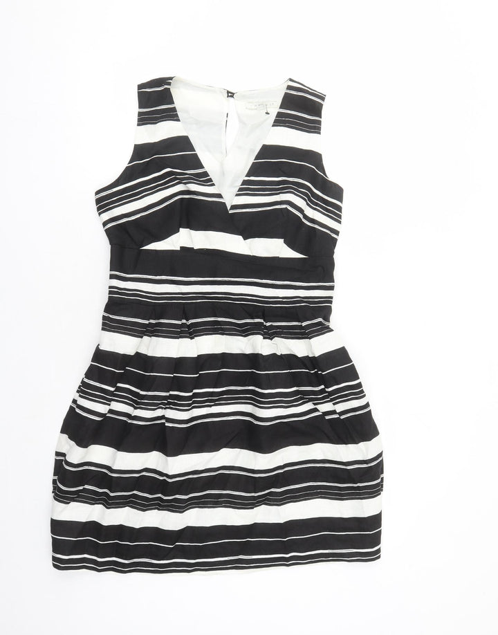Tweeds Womens Black Striped Linen A-Line Size 12 V-Neck Button - Lined