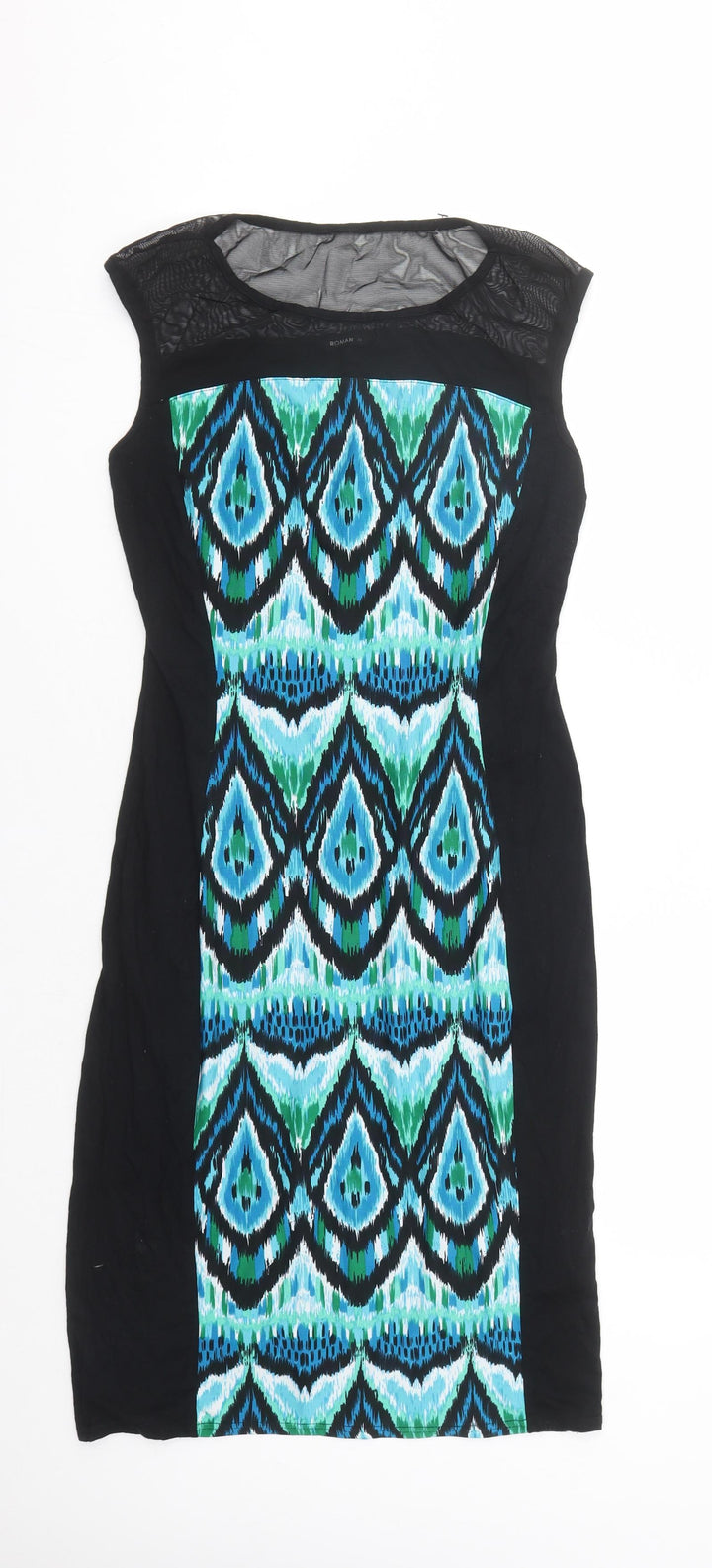 Roman Womens Black Geometric Viscose A-Line Size 10 Round Neck Pullover