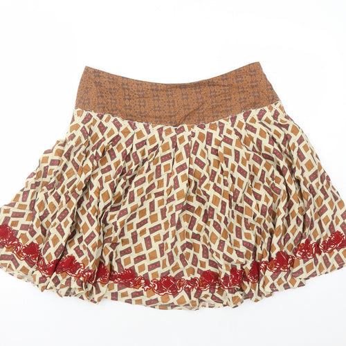 Topshop Womens Brown Geometric Cotton Swing Skirt Size 10 Button - Embroidered Detail