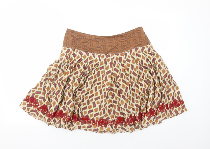 Topshop Womens Brown Geometric Cotton Swing Skirt Size 10 Button - Embroidered Detail