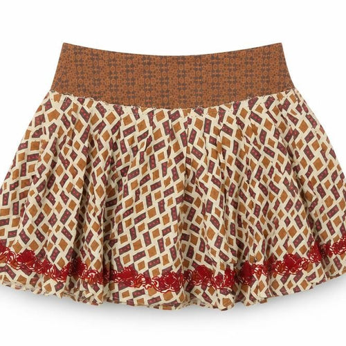 Topshop Womens Brown Geometric Cotton Swing Skirt Size 10 Button - Embroidered Detail
