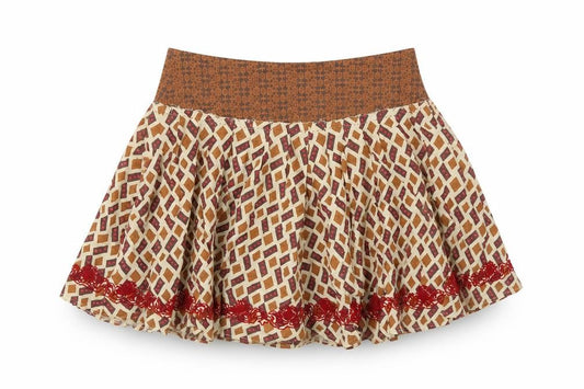 Front view of Topshop women’s brown geometric cotton swing skirt, size UK 10, button - embroidered detail