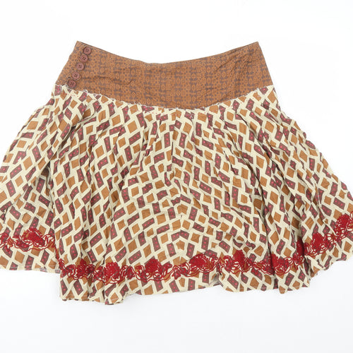 Topshop Womens Brown Geometric Cotton Swing Skirt Size 10 Button - Embroidered Detail