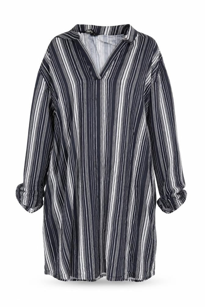 Front view of NET Collection women’s blue striped rayon a-line, size UK 10, v-neck pullover
