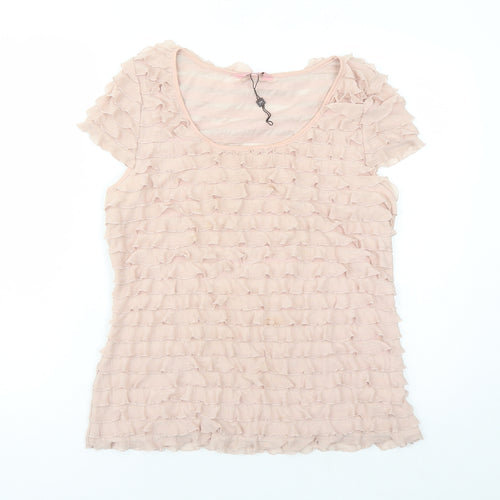 Phase Eight Womens Beige Polyester Basic T-Shirt Size 16 Round Neck - Ruffles