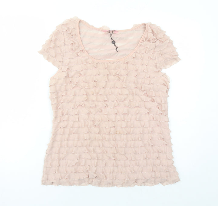 Phase Eight Womens Beige Polyester Basic T-Shirt Size 16 Round Neck - Ruffles