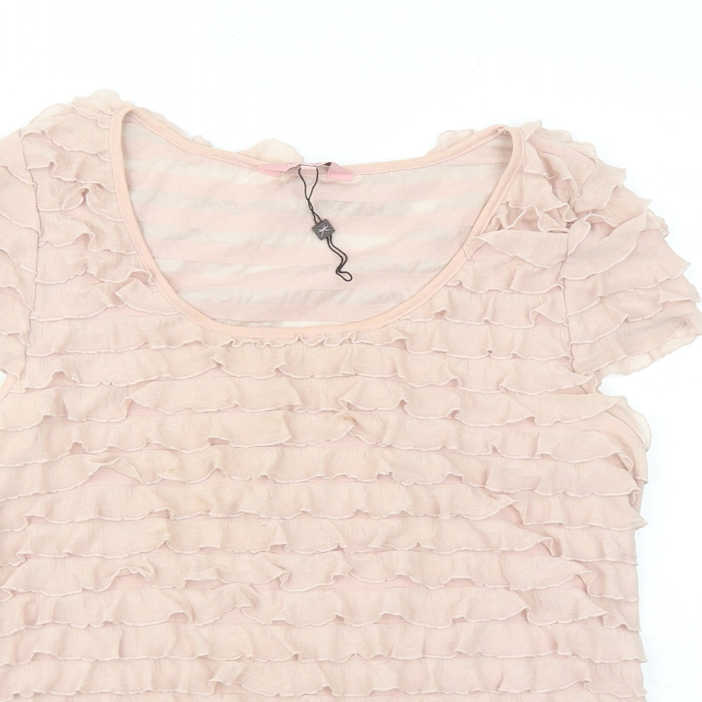 Phase Eight Womens Beige Polyester Basic T-Shirt Size 16 Round Neck - Ruffles