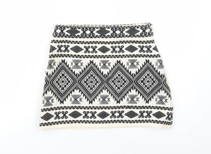 Topshop Womens Beige Geometric Cotton Mini Skirt Size 8 Zip