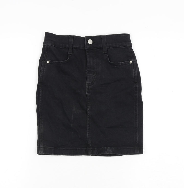 Denim & Co. Womens Black Cotton A-Line Skirt Size 4 Zip