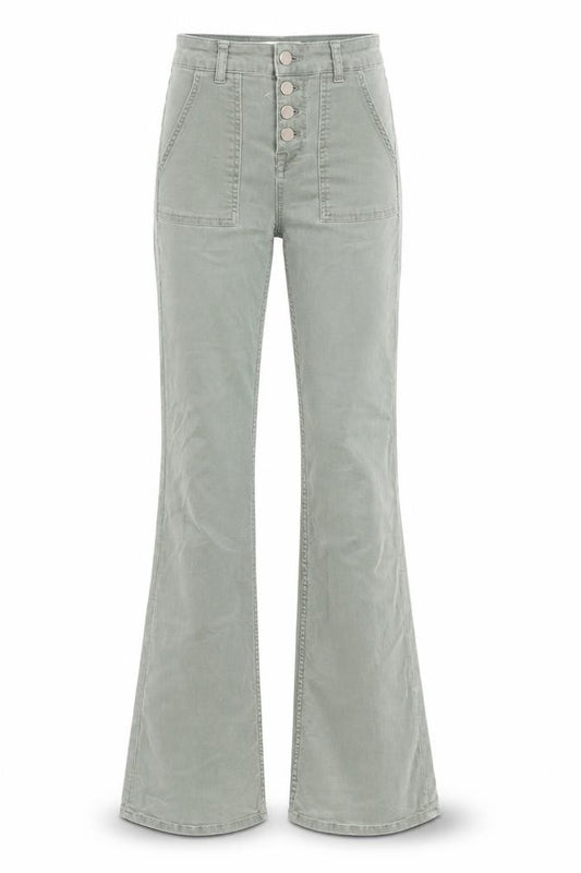 Front view of Zara women’s green cotton bootcut jeans, size UK 4, 32-inch leg regular zip