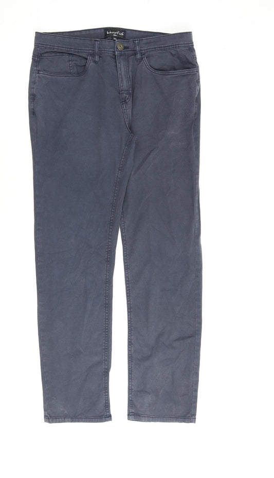 Weird Fish Mens Blue Cotton Trousers Size 32 in L32 in Regular Zip