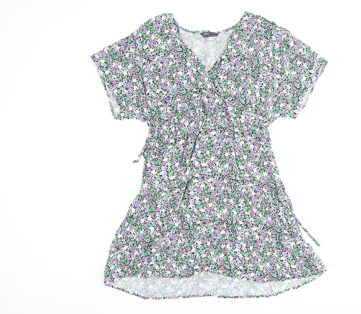 Marks and Spencer Womens Multicoloured Floral Viscose A-Line Size 12 V-Neck Tie