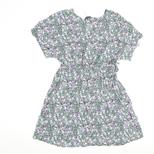 Marks and Spencer Womens Multicoloured Floral Viscose A-Line Size 12 V-Neck Tie