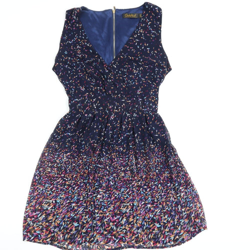 Goldkid Womens Blue Geometric Polyester A-Line Size M V-Neck Zip