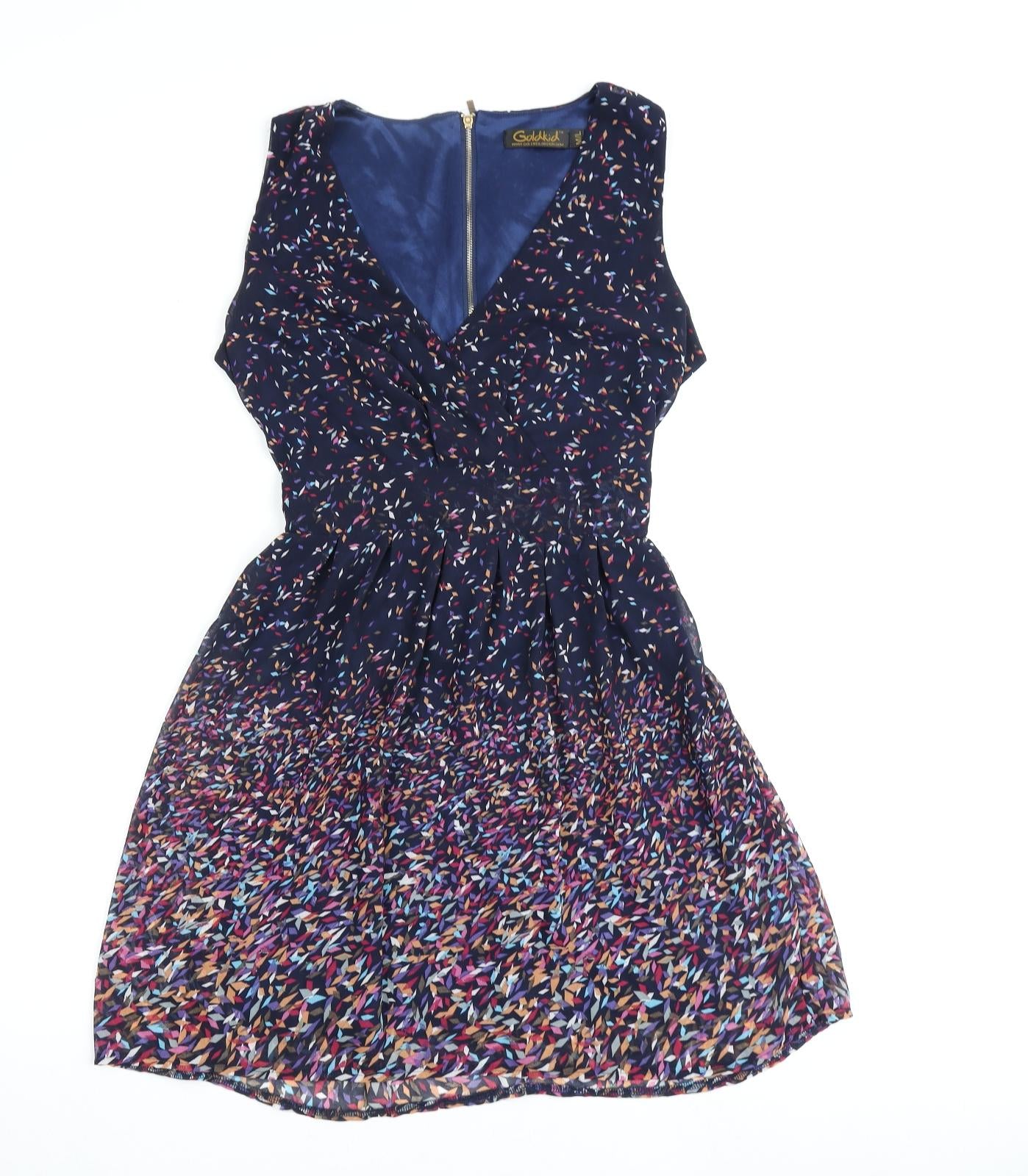Goldkid Womens Blue Geometric Polyester A-Line Size M V-Neck Zip