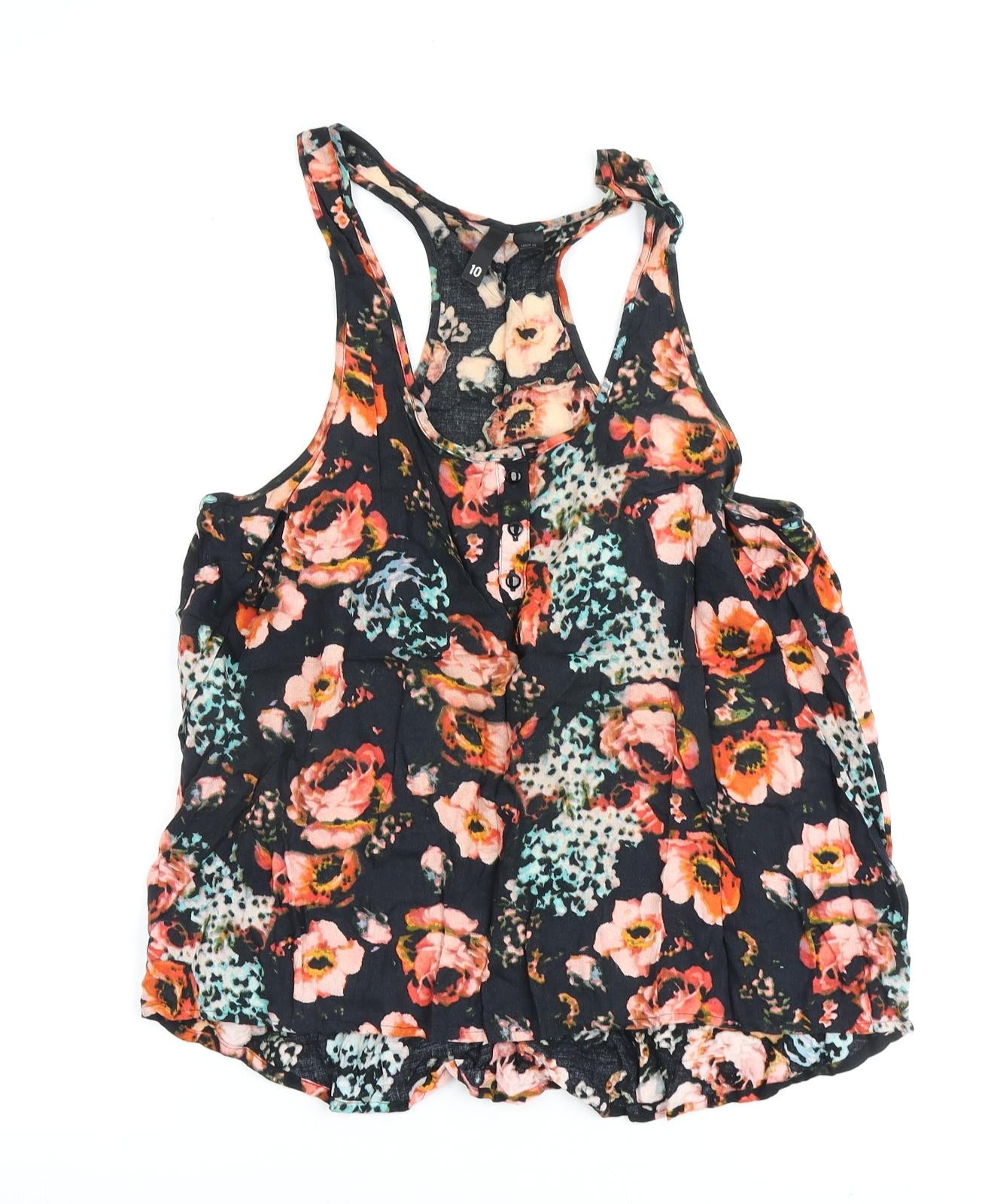 H&M Womens Black Floral Viscose Basic Tank Size 10 Scoop Neck