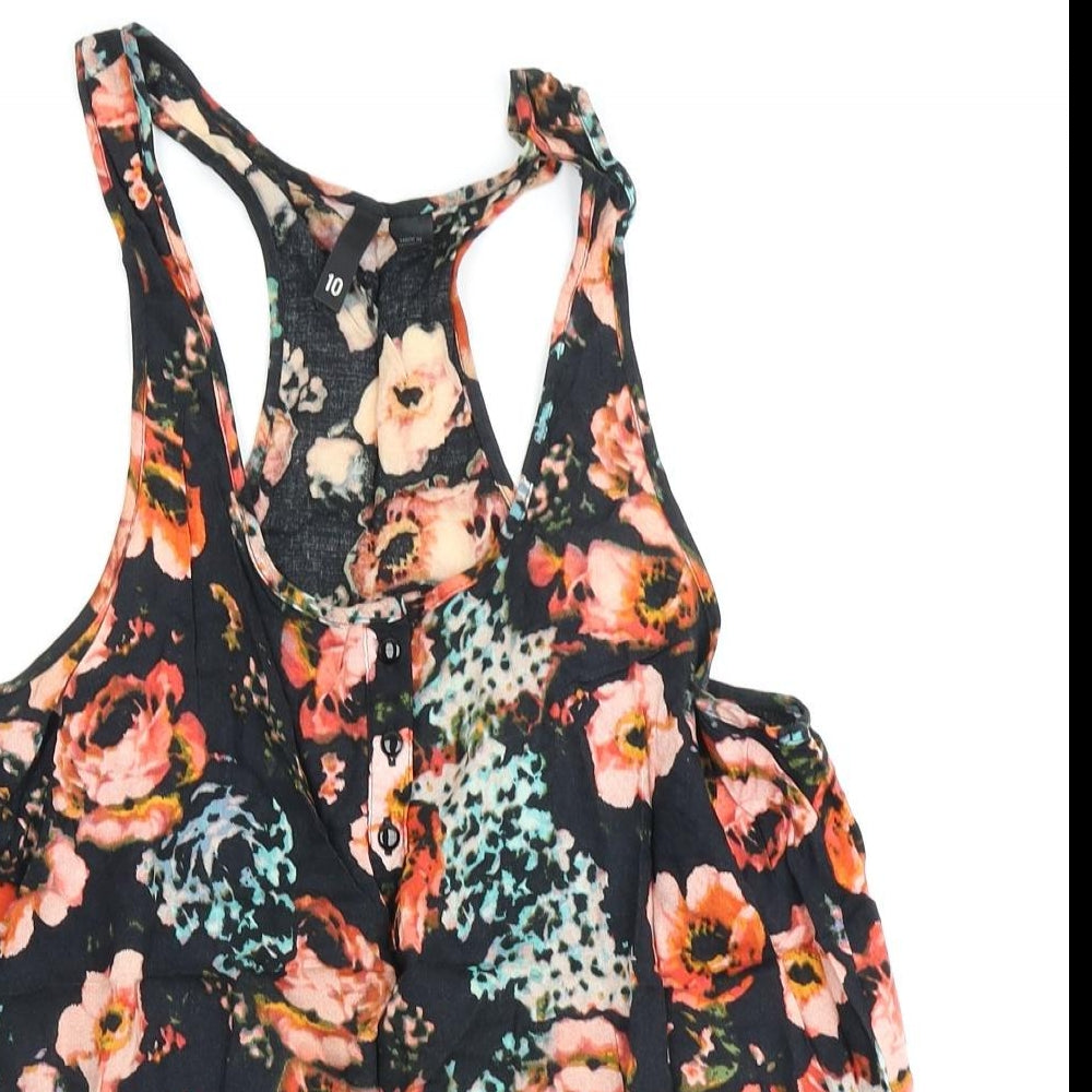 H&M Womens Black Floral Viscose Basic Tank Size 10 Scoop Neck