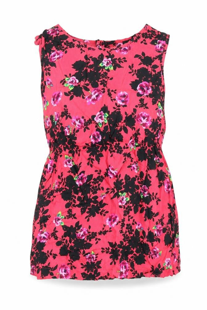 Front view of Topshop women’s pink floral polyester basic tank, size UK 10, scoop neck