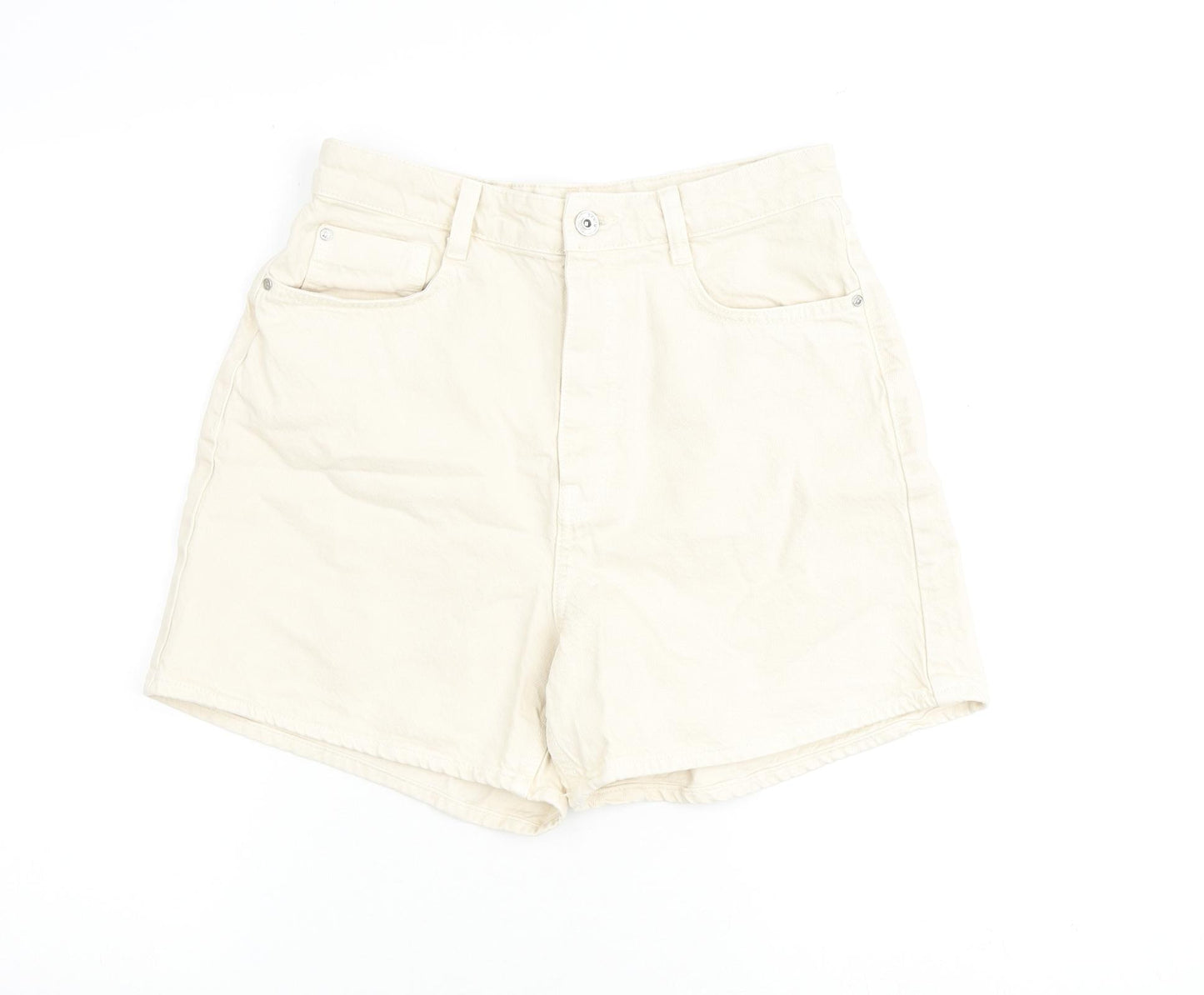 Zara Womens Beige 100% Cotton Basic Shorts Size 12 L5 in Regular Zip