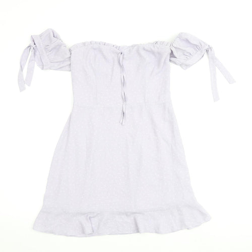Nakd Womens Purple Polka Dot Polyester A-Line Size 8 Off the Shoulder Tie