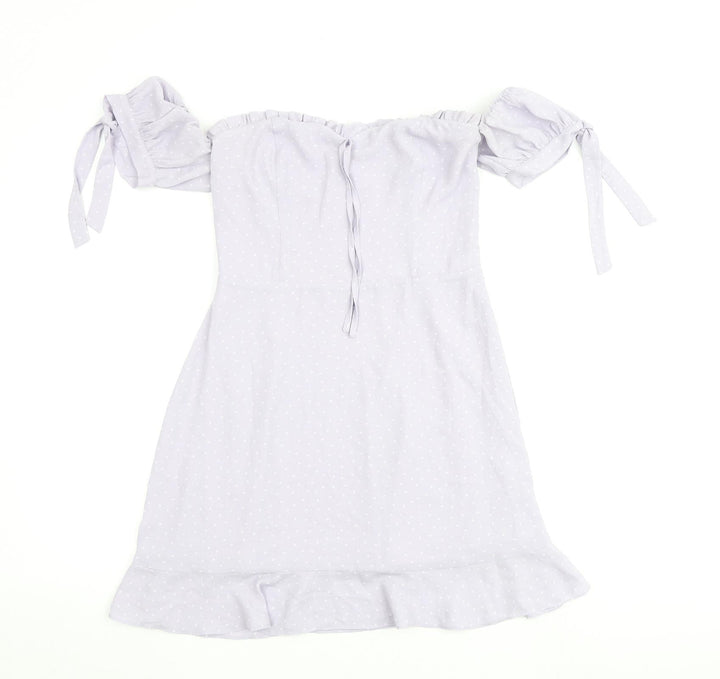 Nakd Womens Purple Polka Dot Polyester A-Line Size 8 Off the Shoulder Tie