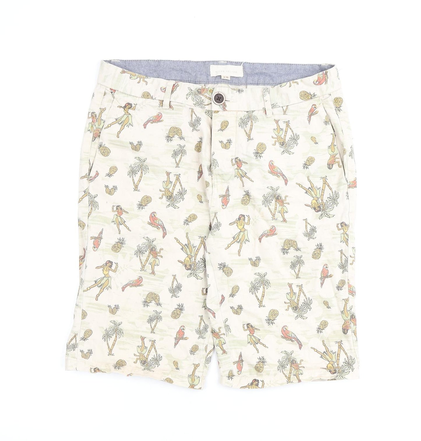 River Island Mens Beige Geometric Cotton Bermuda Shorts Size 30 in L10 in Regular Zip
