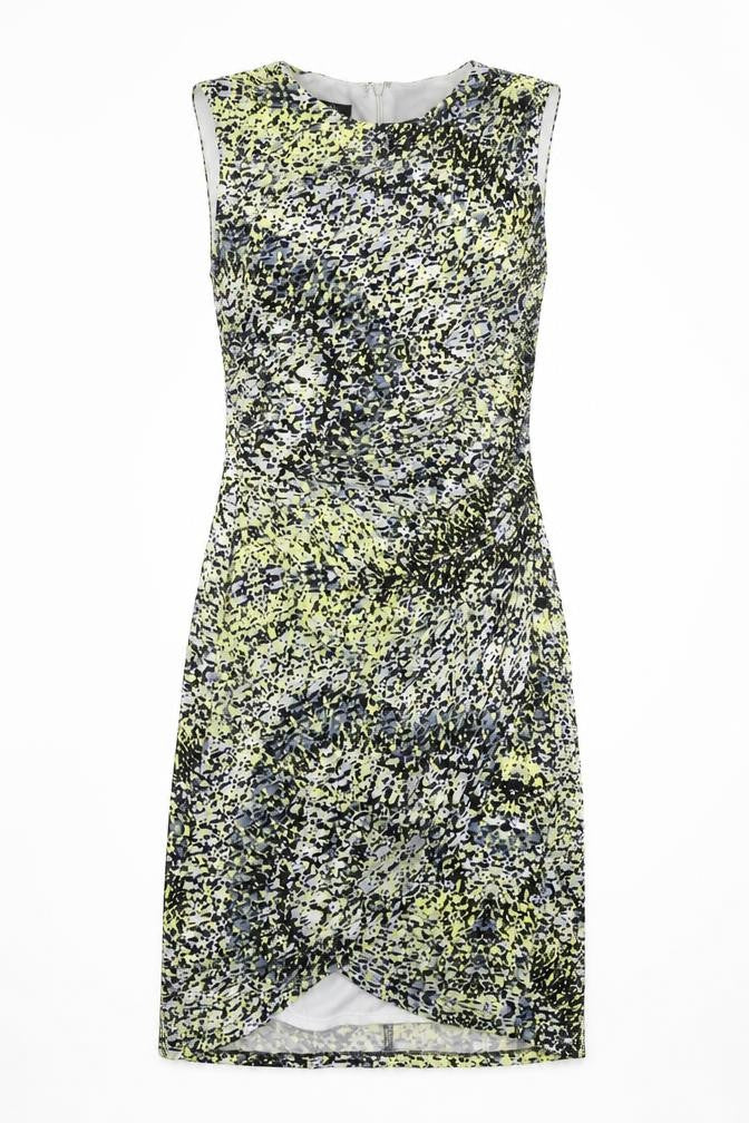 Front view of Ivy + Blue women’s multicoloured geometric polyester a-line, size UK 14, round neck zip