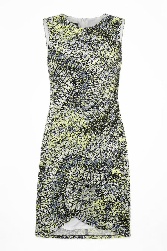 Front view of Ivy + Blue women’s multicoloured geometric polyester a-line, size UK 14, round neck zip