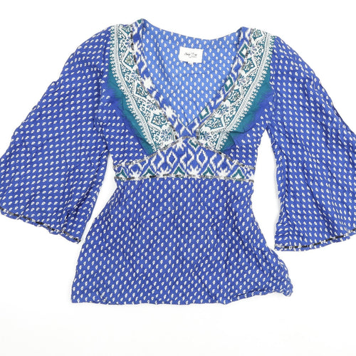Oasis Womens Blue Geometric 100% Cotton Basic Blouse Size 10 V-Neck