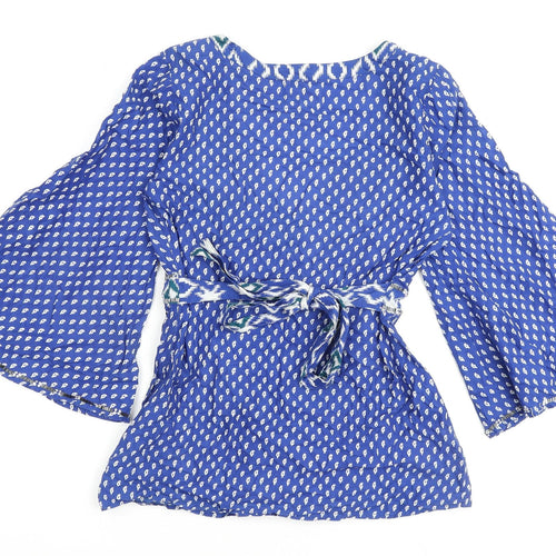 Oasis Womens Blue Geometric 100% Cotton Basic Blouse Size 10 V-Neck