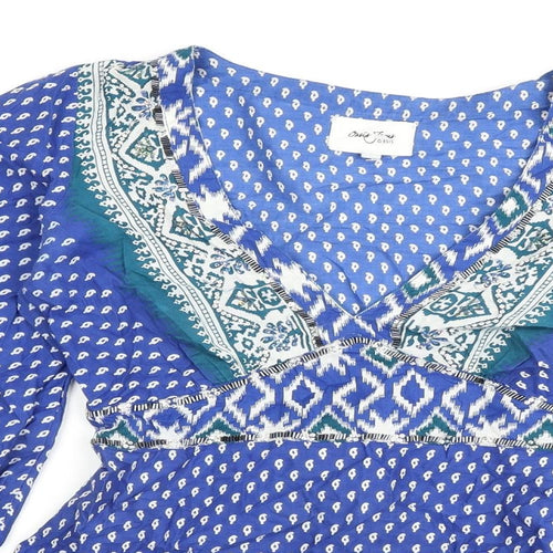 Oasis Womens Blue Geometric 100% Cotton Basic Blouse Size 10 V-Neck