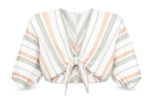 Front view of Zara women’s multicoloured striped polyester basic blouse, size XS, v-neck