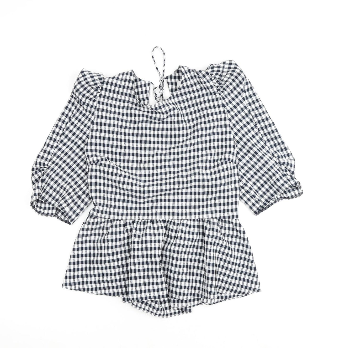 Topshop Womens Blue Check Polyester Basic Blouse Size 14 Round Neck