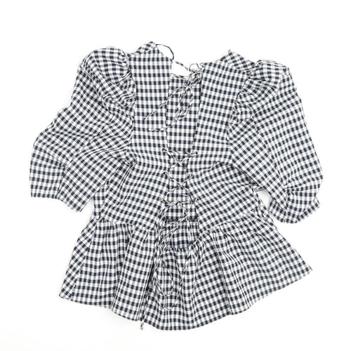 Topshop Womens Blue Check Polyester Basic Blouse Size 14 Round Neck