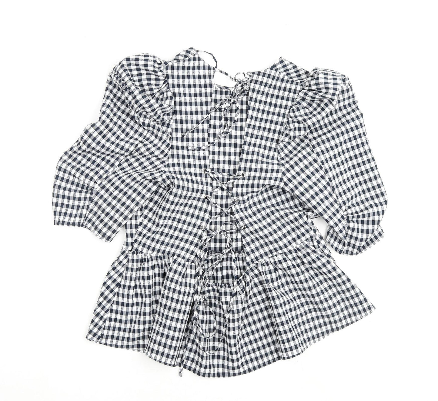 Topshop Womens Blue Check Polyester Basic Blouse Size 14 Round Neck