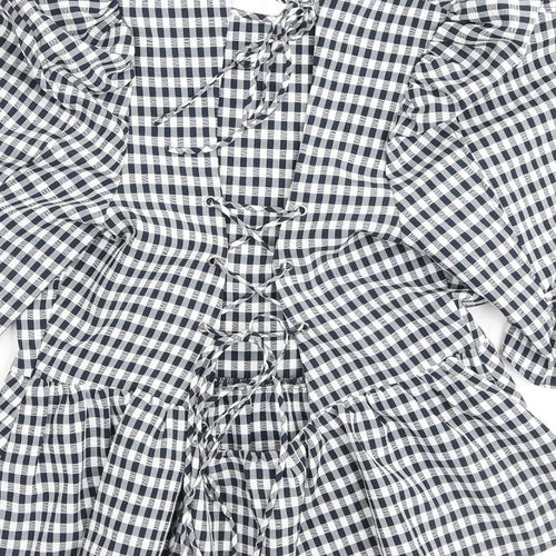 Topshop Womens Blue Check Polyester Basic Blouse Size 14 Round Neck