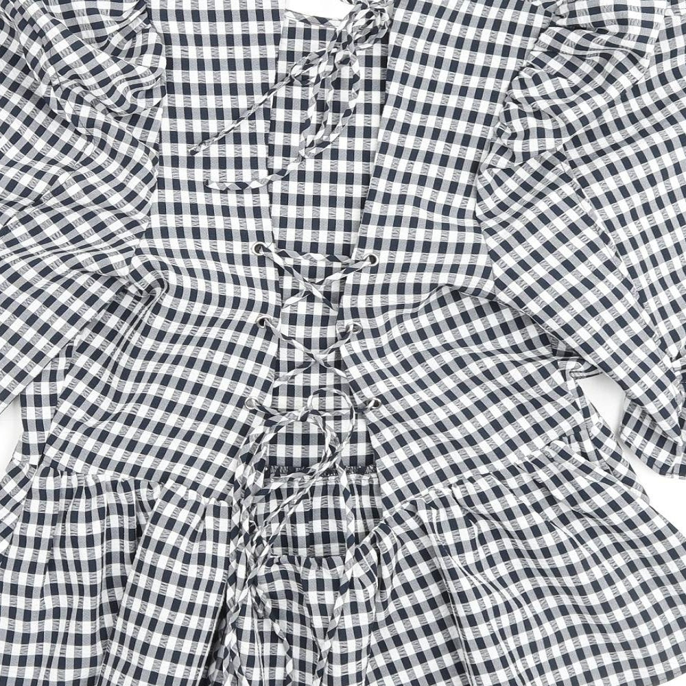 Topshop Womens Blue Check Polyester Basic Blouse Size 14 Round Neck