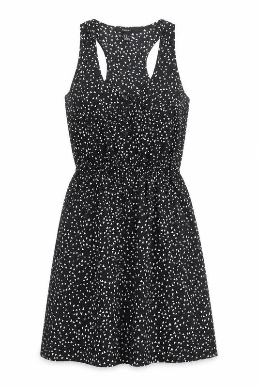 Front view of Forever 21 women’s black polka dot polyester a-line, size M, round neck button