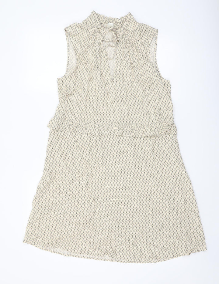 H&M Womens Beige Geometric Viscose A-Line Size 10 Mock Neck Tie